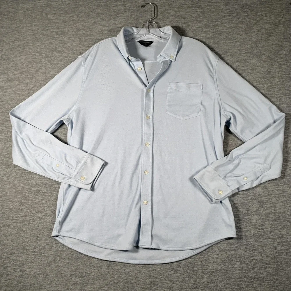 Banana Republic Shirt Mens Large Blue Solid Knit Long Sleeve Button Front Casual